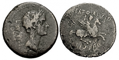 Figure 1: Julius Caesar and Bellerophon (RPC I, 1116). Bronze as, from Corinth, 44-43 BCE. Obverse: laureate head of Julius Caesar, with the legend LAVS·IVLI·CORINT (Laus Iulia Corinthiensis). Reverse: Bellerophon mounted on Pegasus and striking downward with a spear, with the legend L·CERTO·AEFICIO C·IVLI(O)·IIVIR (L. Aeficius Certus and C. Iulius duovir). Reproduced with permission of www.wildwinds.com.  